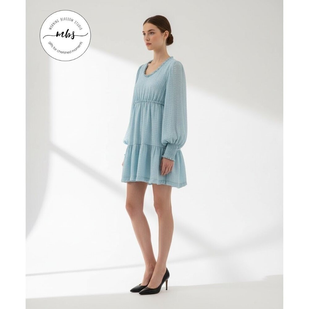 NWT Rachel Parcell Tiered Textured Balloon Sleeve Babydoll Mini Dress Blue XL